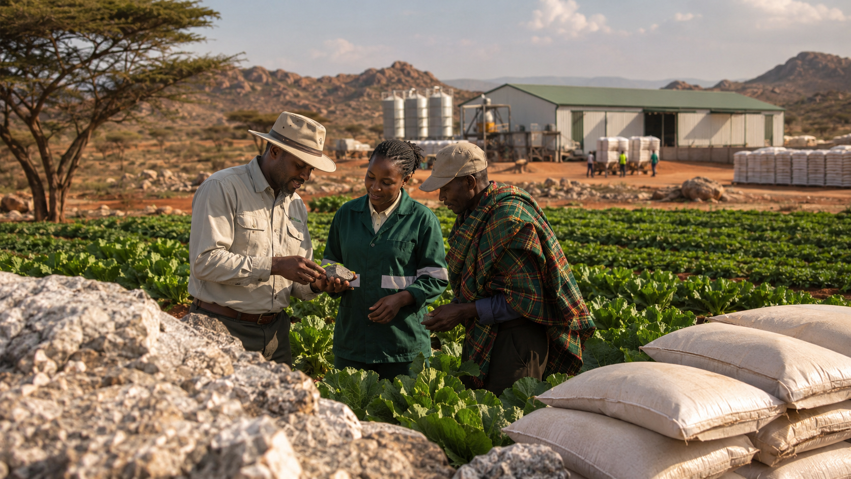 Kenyan agronomists examining minerals beside crops with a processing facility in Makueni County