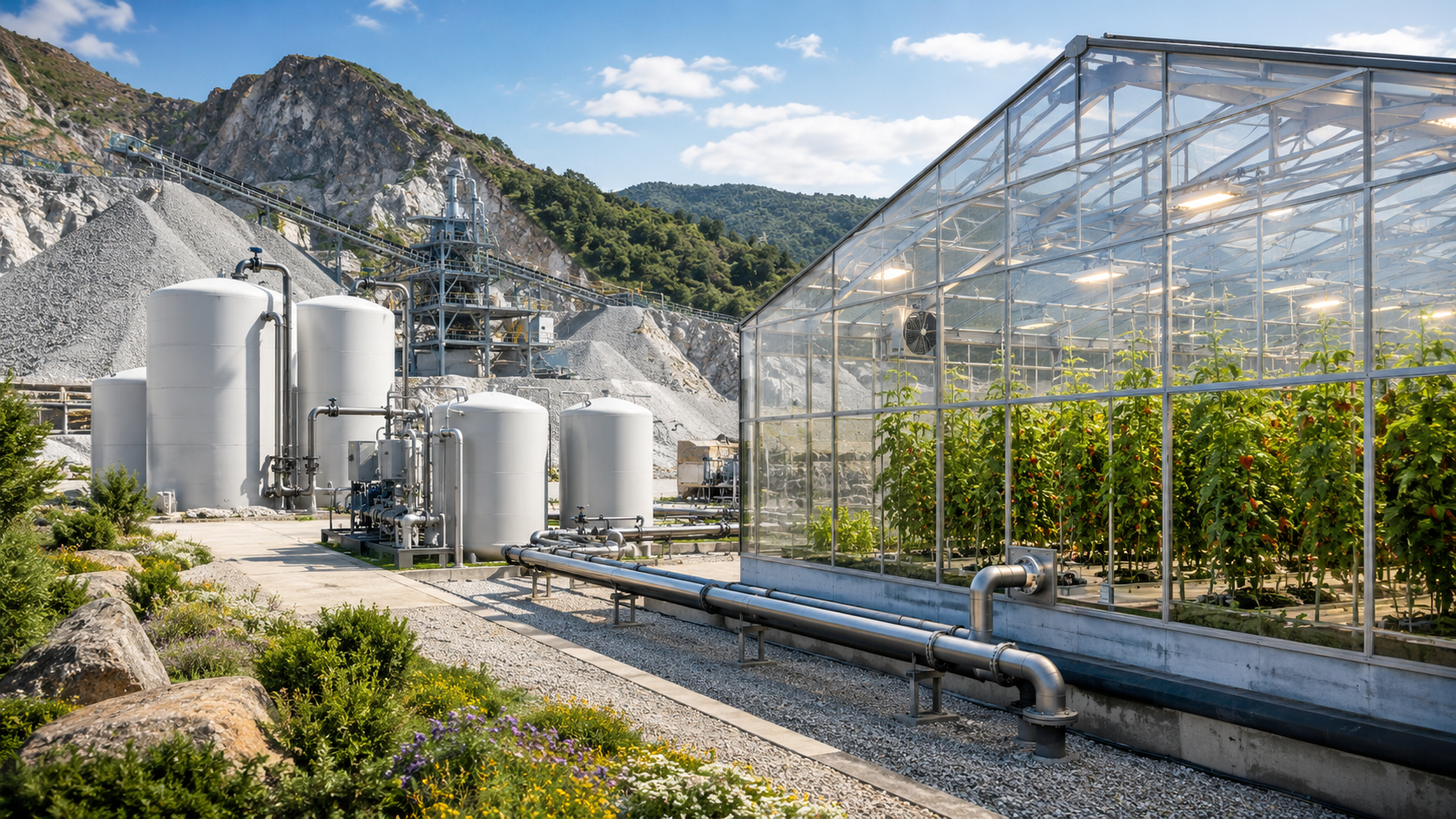 Industrial mineral processing facility alongside greenhouse agriculture — minerals working with nature