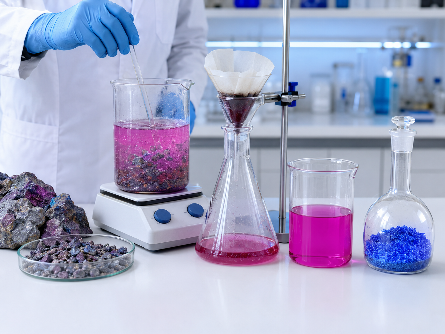 Laboratory mineral processing — scientist conducting chemical analysis of mineral samples